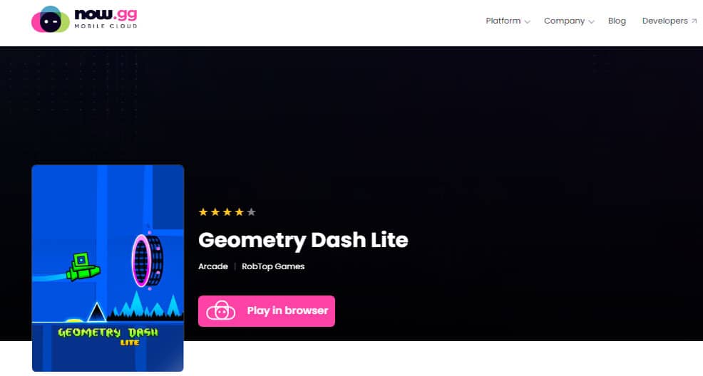 Now.gg geometry Dash page