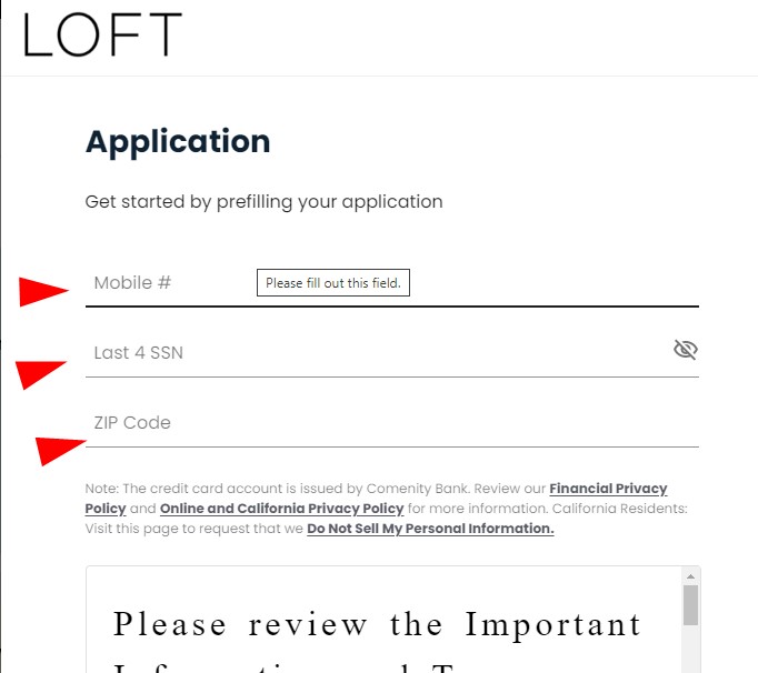 Put in your account information loft credit card