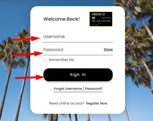 Sign in with your Forever 21 Credit card