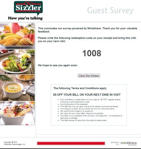 Sizzler Customer Experience Survey step